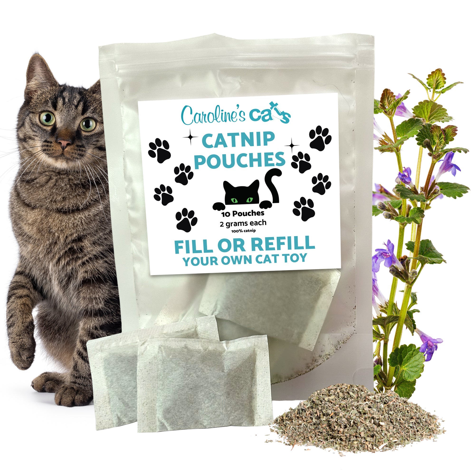 Caroline's Cats Organic Catnip Packets for Cat Toys – Refill Pouches for Flapping Bird, Flopping Fish, and More, 10 Tea Bags