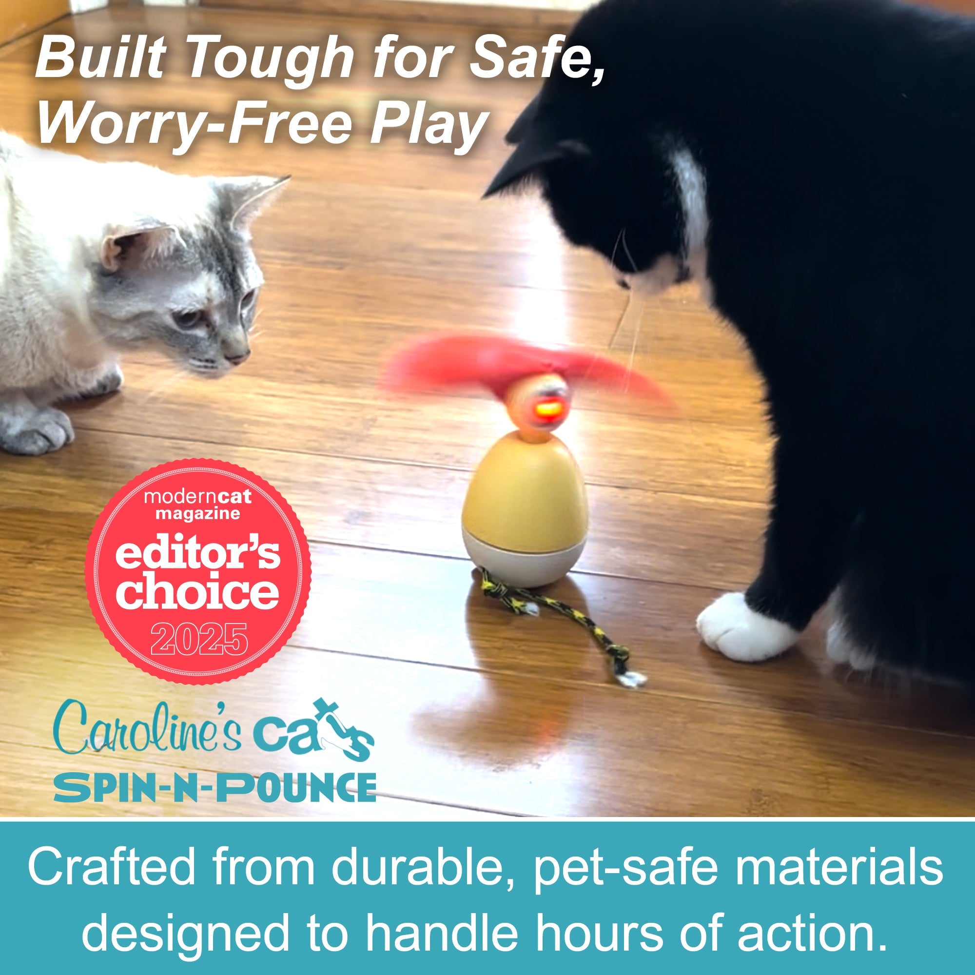 Caroline's Cats Spin-N-Pounce Rechargeable Automatic Interactive Indoor Dancing Cat Toy; Touch Sensor & Auto Shut Off, 360° Rotation, Silent Motor, LED Light, Simulates Prey for Hunting & Exercise